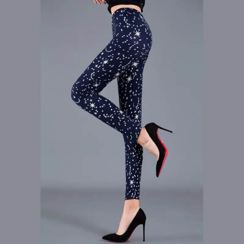 Star Printed Silk Leggings Women Spring Autumn Stretch