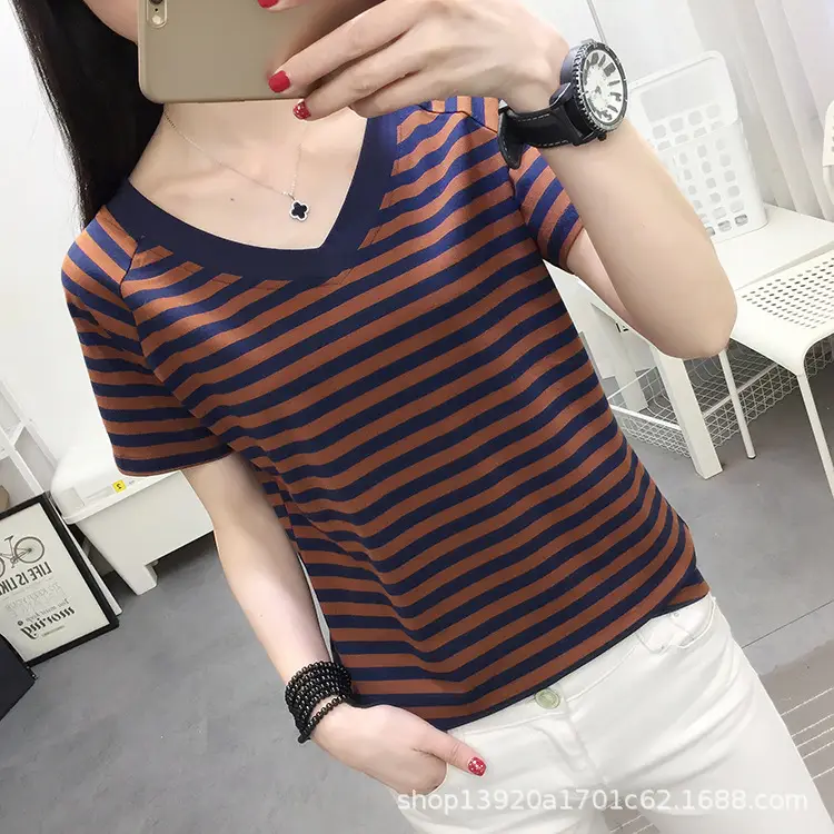 Women Green Striped Cotton T-Shirt Large Summer Loose Stripes
