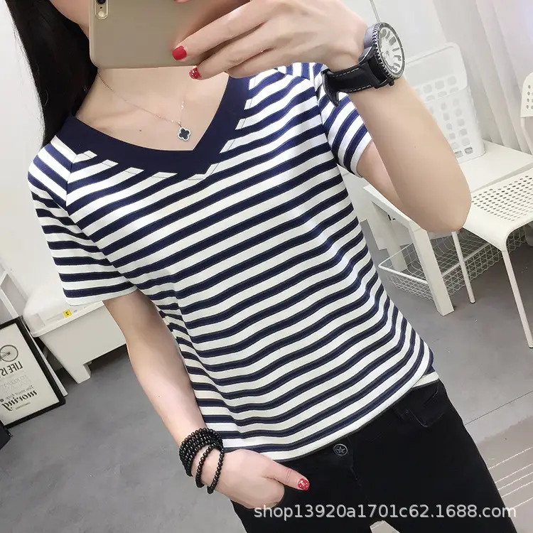 Women Green Striped Cotton T-Shirt Large Summer Loose Stripes