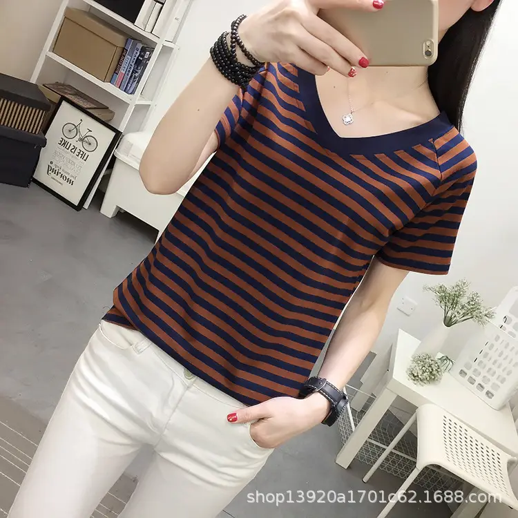 Women Green Striped Cotton T-Shirt Large Summer Loose Stripes
