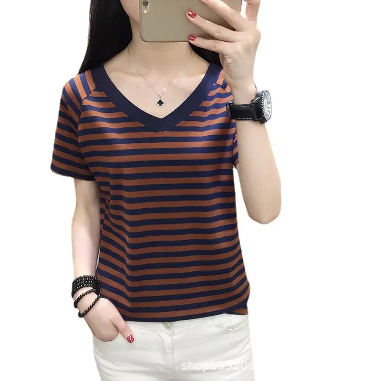 Women Green Striped Cotton T-Shirt Large Summer Loose Stripes