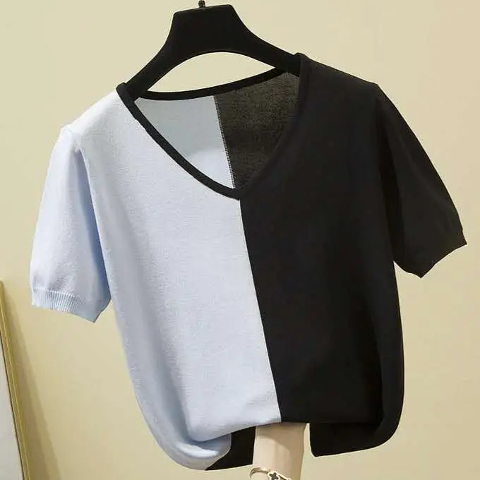 Women Ice Silk T-Shirt Orange White V-Neck Short Sleeve Summer 2022
