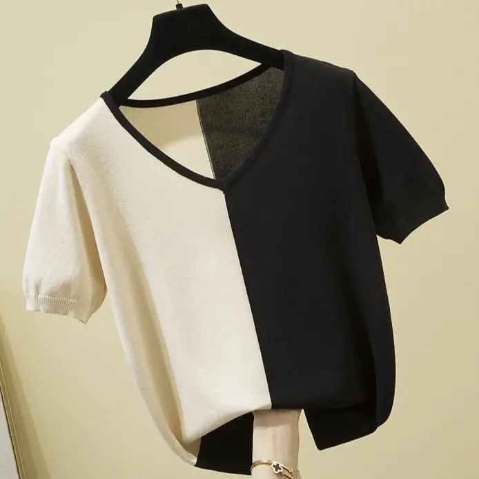 Women Ice Silk T-Shirt Orange White V-Neck Short Sleeve Summer 2022