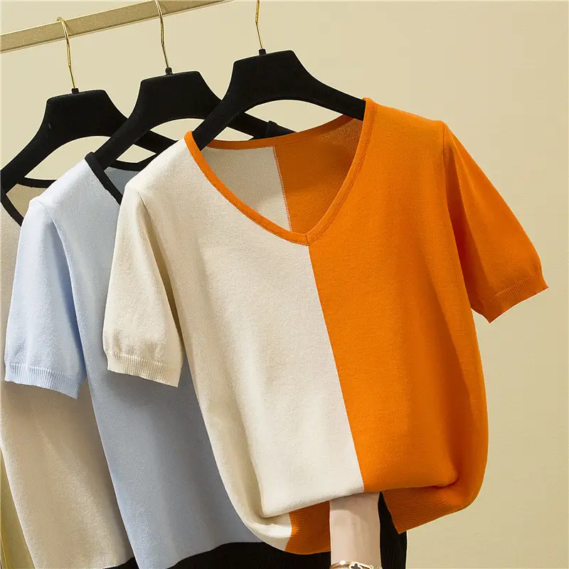 Women Ice Silk T-Shirt Orange White V-Neck Short Sleeve Summer 2022