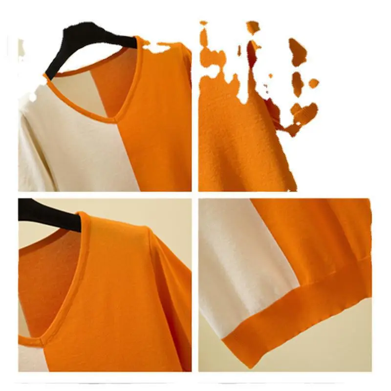 Women Ice Silk T-Shirt Orange White V-Neck Short Sleeve Summer 2022