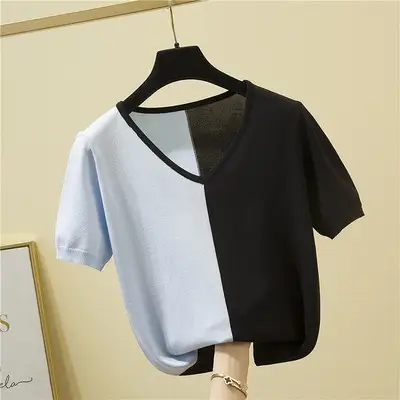 Women Ice Silk T-Shirt Orange White V-Neck Short Sleeve Summer 2022