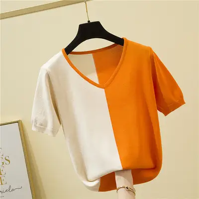 Women Ice Silk T-Shirt Orange White V-Neck Short Sleeve Summer 2022