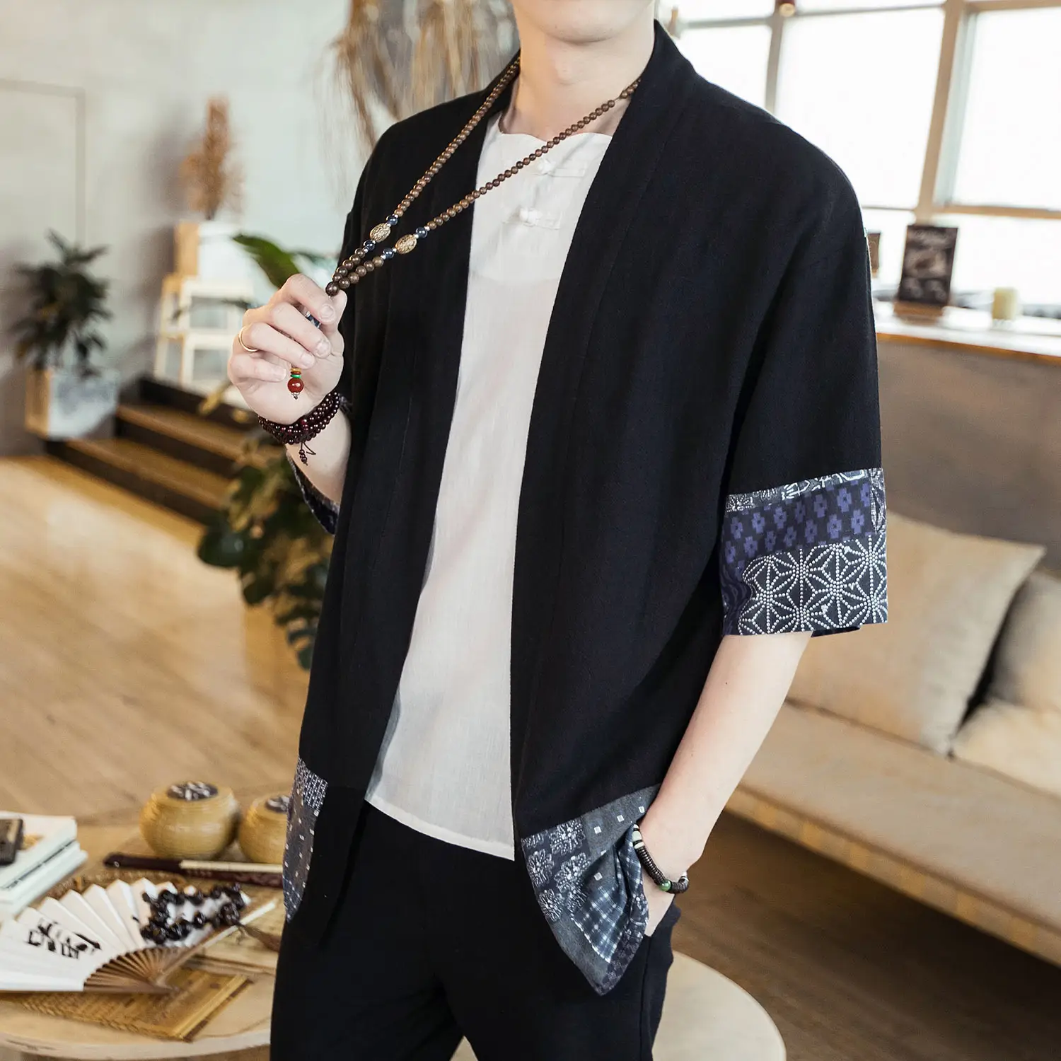 Men's Black Hanfu Trench Coat Cotton Linen Modern Design - Image 3