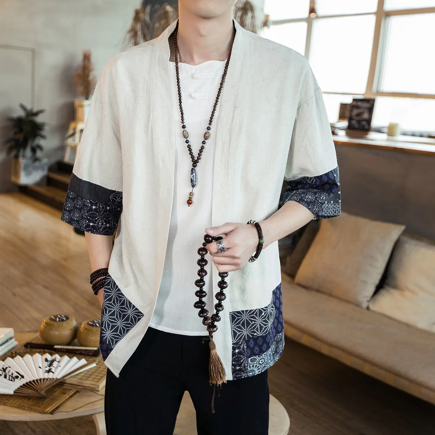Men's Black Hanfu Trench Coat Cotton Linen Modern Design - Image 4