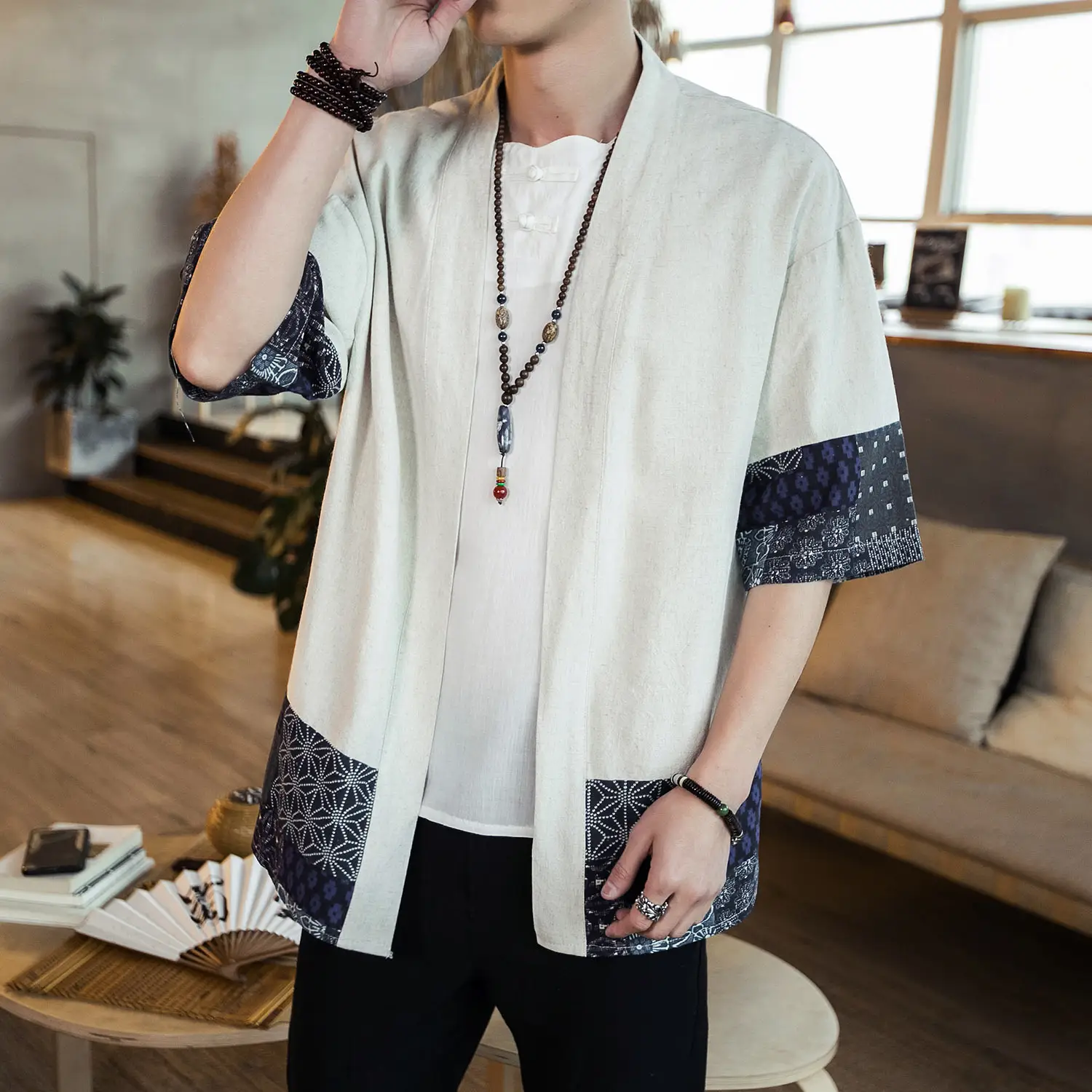 Men's Black Hanfu Trench Coat Cotton Linen Modern Design - Image 5