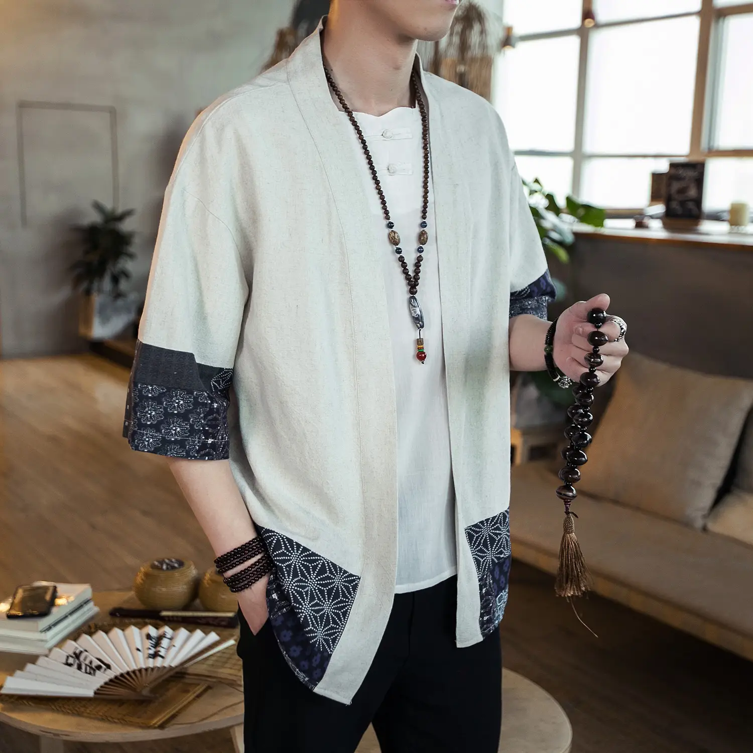 Men's Black Hanfu Trench Coat Cotton Linen Modern Design - Image 6