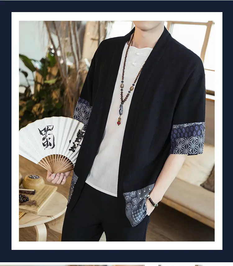 Men's Black Hanfu Trench Coat Cotton Linen Modern Design — feature 10