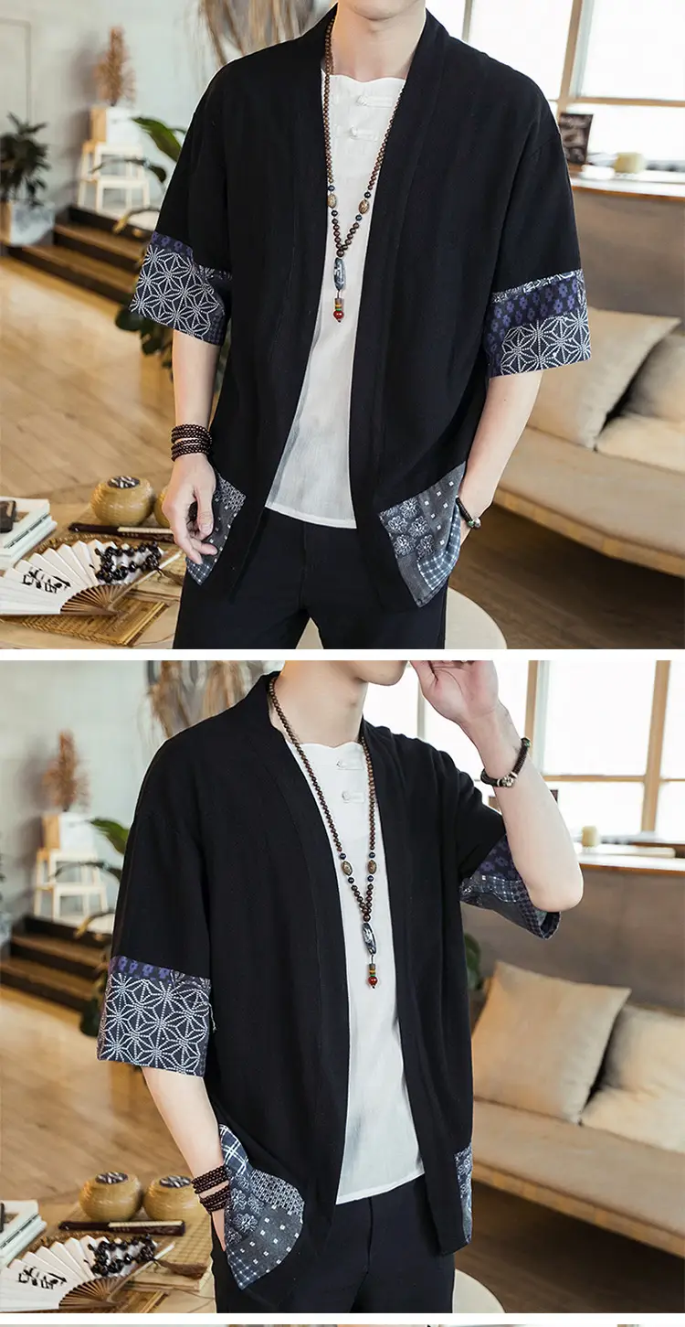Men's Black Hanfu Trench Coat Cotton Linen Modern Design — feature 11