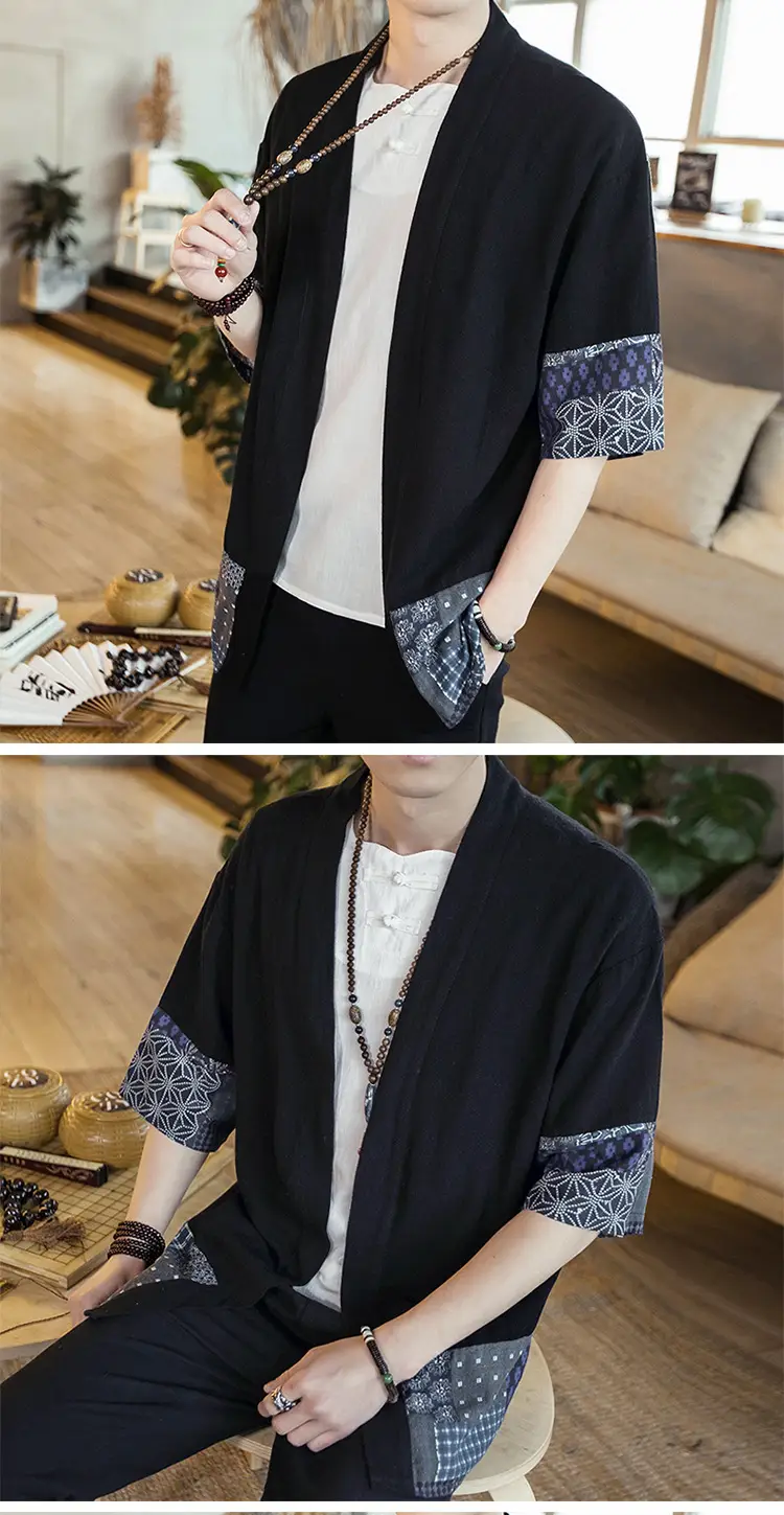 Men's Black Hanfu Trench Coat Cotton Linen Modern Design — feature 12