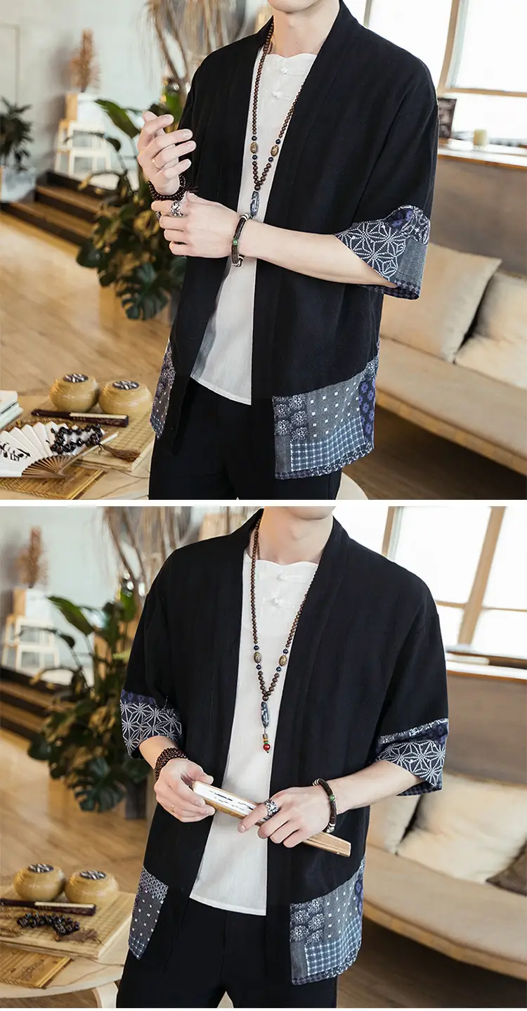 Men's Black Hanfu Trench Coat Cotton Linen Modern Design — feature 13