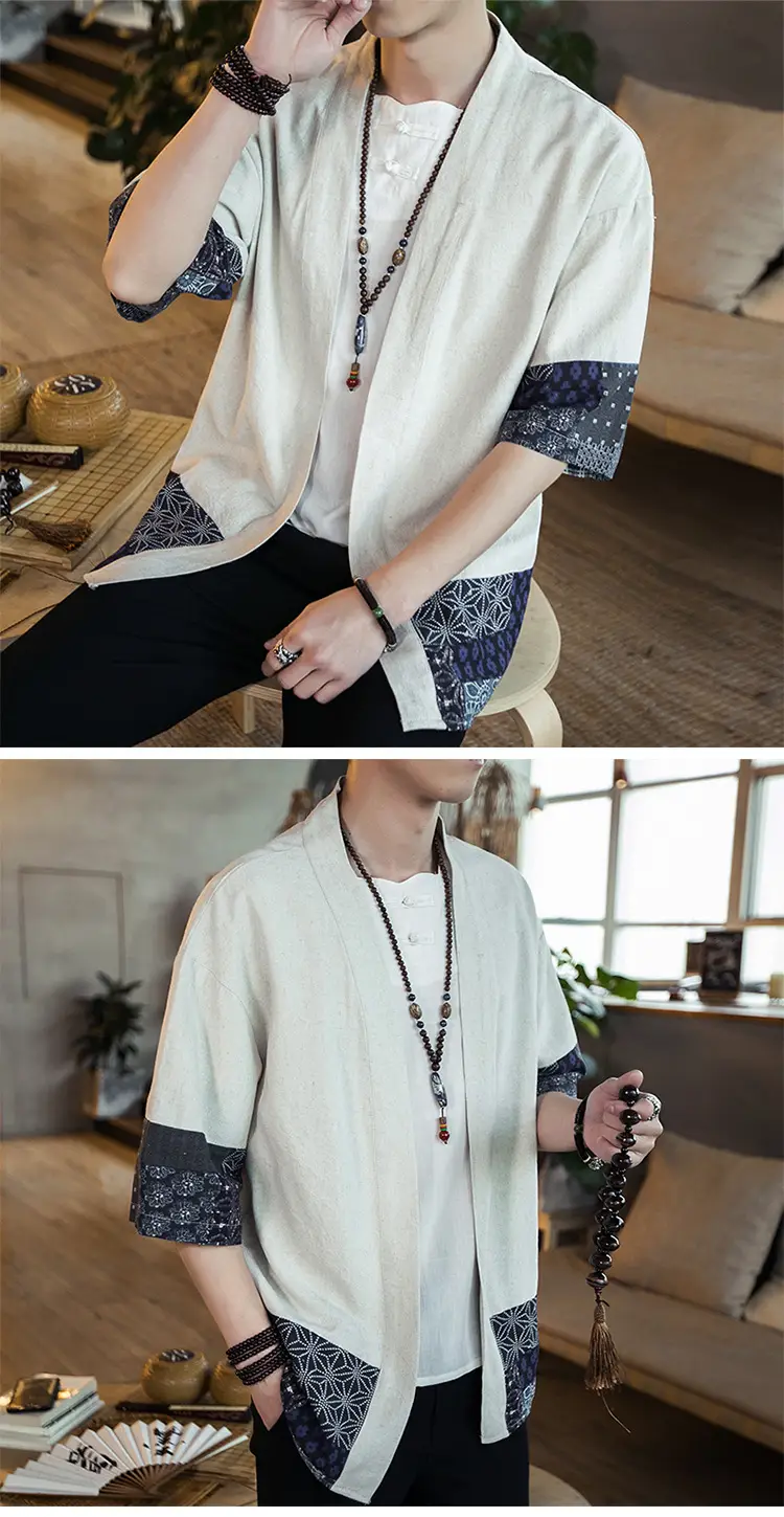 Men's Black Hanfu Trench Coat Cotton Linen Modern Design — feature 7