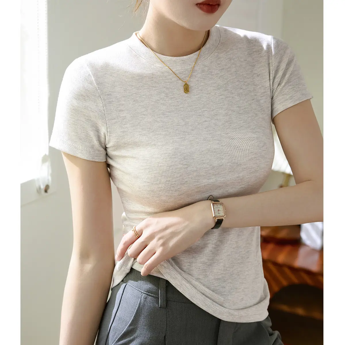 Women's Short Sleeve T-Shirt Olive Green Large - Image 6