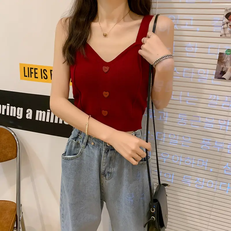 Women V-Neck Knitted Vest Camisole Red 2024 - Image 10