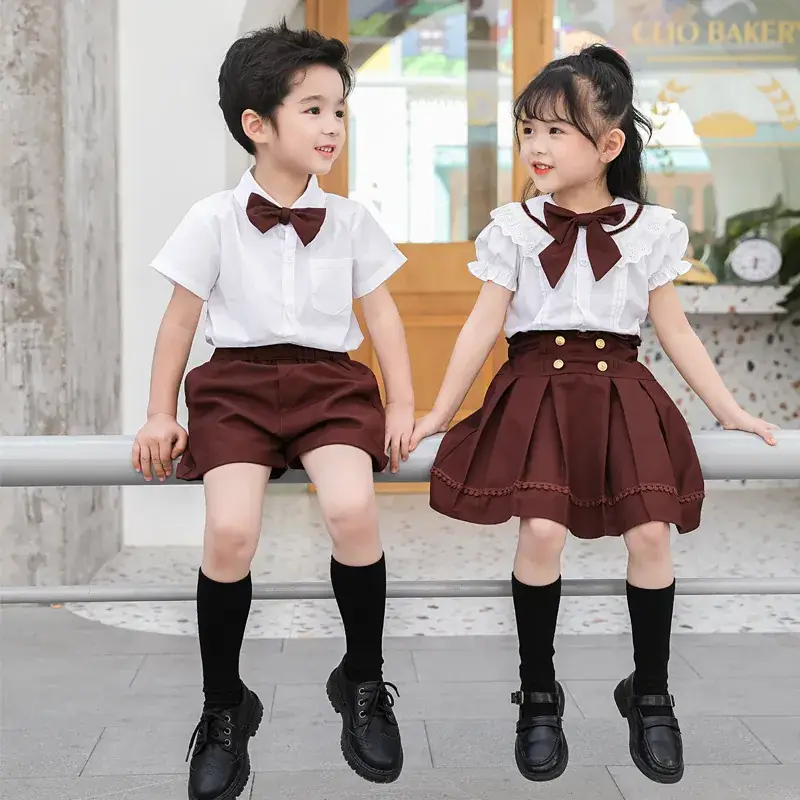 Kids British College Style Shirt & Shorts Set Brown - Image 2