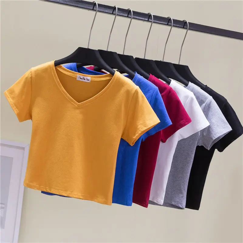 Women V-neck T-shirt Navel Base Short Sleeve - Image 6