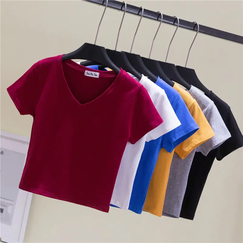 Women V-neck T-shirt Navel Base Short Sleeve - Image 7