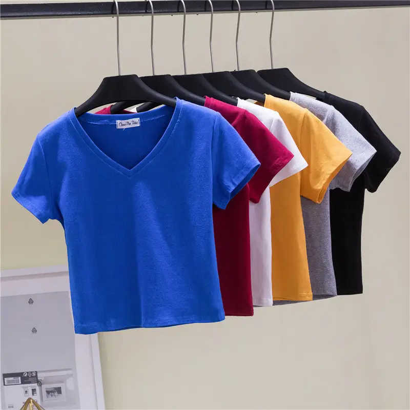 Women V-neck T-shirt Navel Base Short Sleeve - Image 8