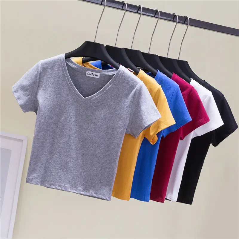 Women V-neck T-shirt Navel Base Short Sleeve - Image 9