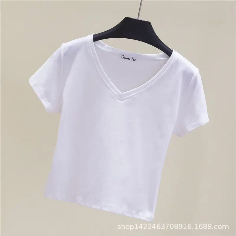 Women V-neck T-shirt Navel Base Short Sleeve - Image 2