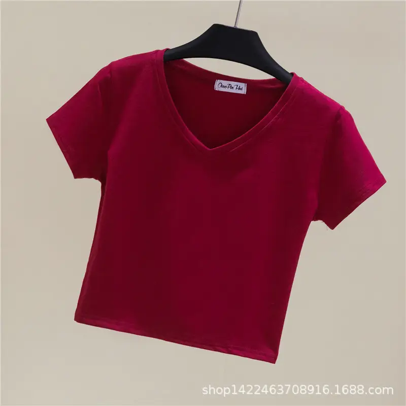 Women V-neck T-shirt Navel Base Short Sleeve - Image 3