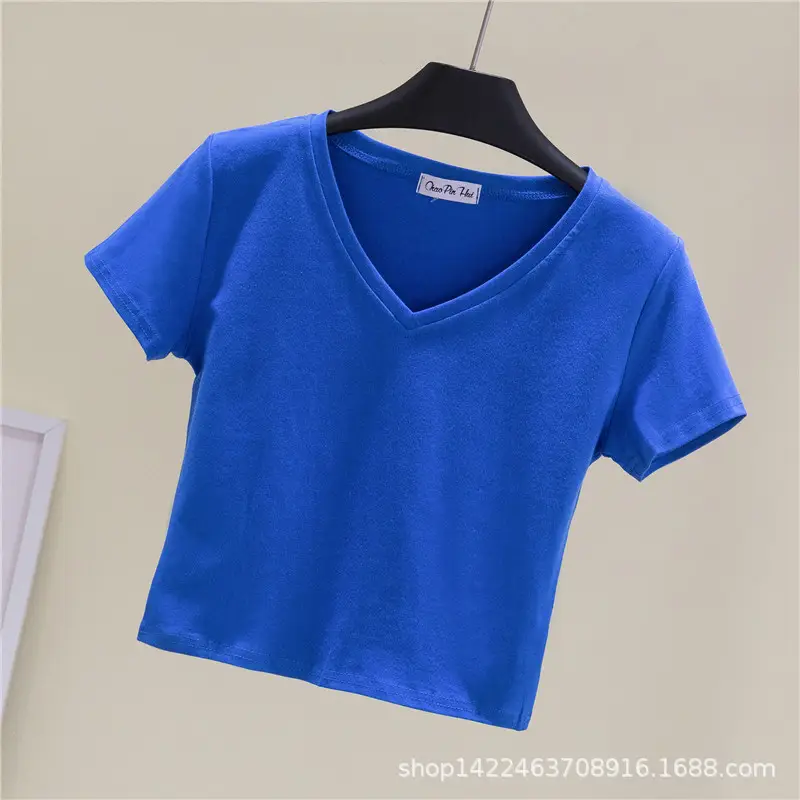 Women V-neck T-shirt Navel Base Short Sleeve - Image 4