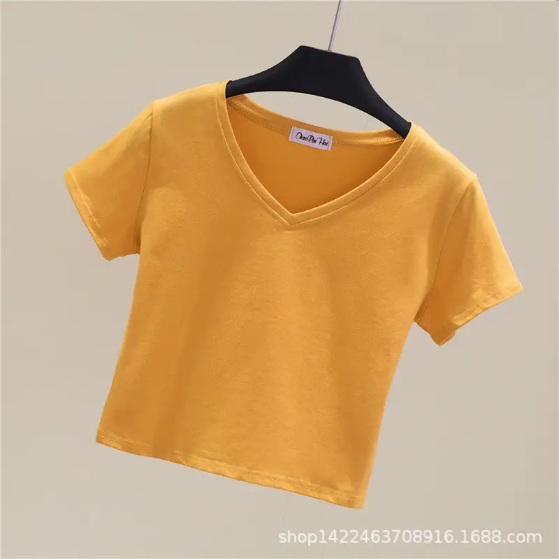 Women V-neck T-shirt Navel Base Short Sleeve - Image 5