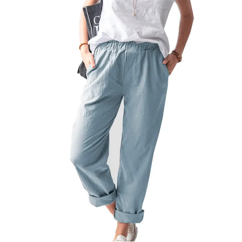 Women's Elastic Straight Leg Pants Beige Casual Summer - Image 14