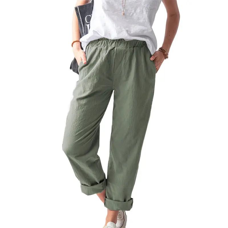 Women's Elastic Straight Leg Pants Beige Casual Summer - Image 6