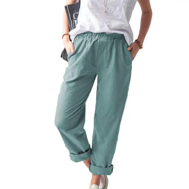 Women's Elastic Straight Leg Pants Beige Casual Summer - Image 8