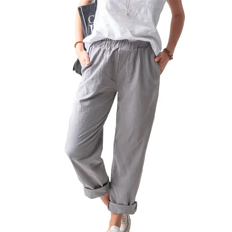 Women's Elastic Straight Leg Pants Beige Casual Summer - Image 2