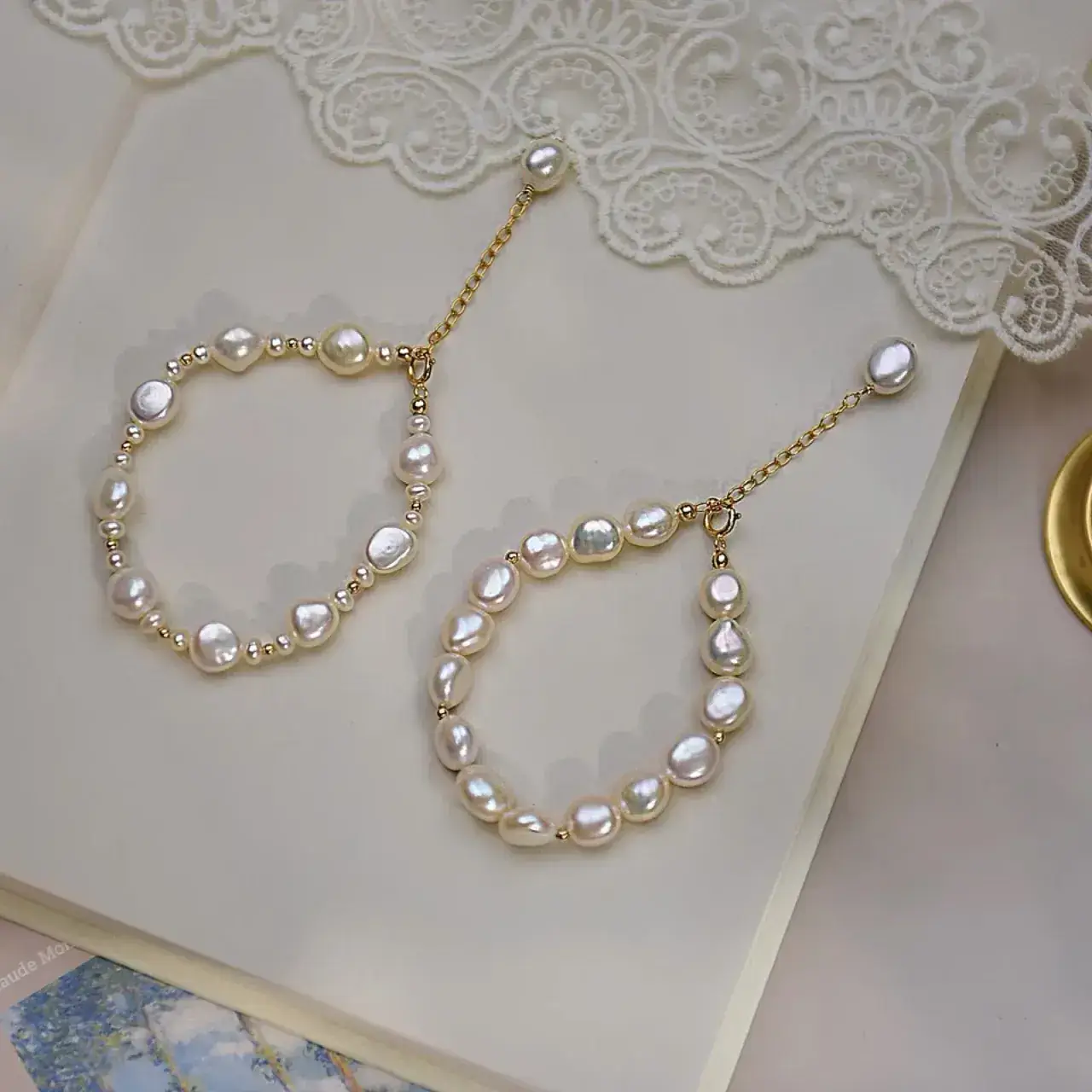 14K Gold Pearl Bracelet with Chain Drop