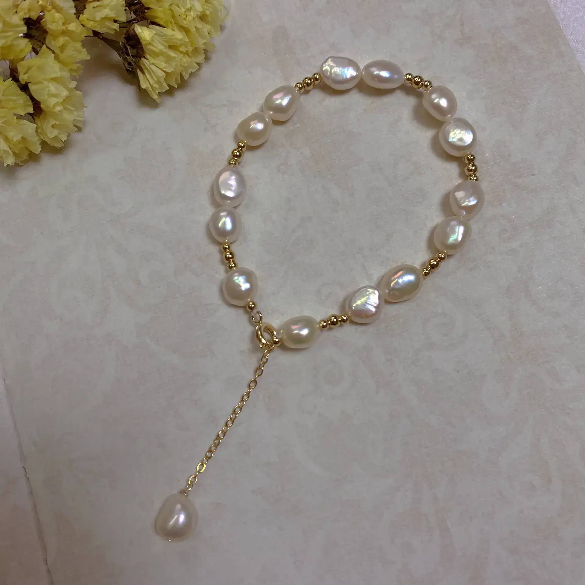 14K Gold Pearl Bracelet with Chain Drop