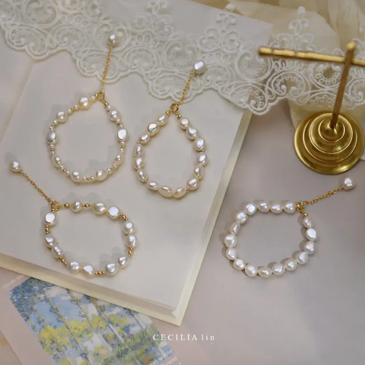 14K Gold Pearl Bracelet with Chain Drop — feature 55