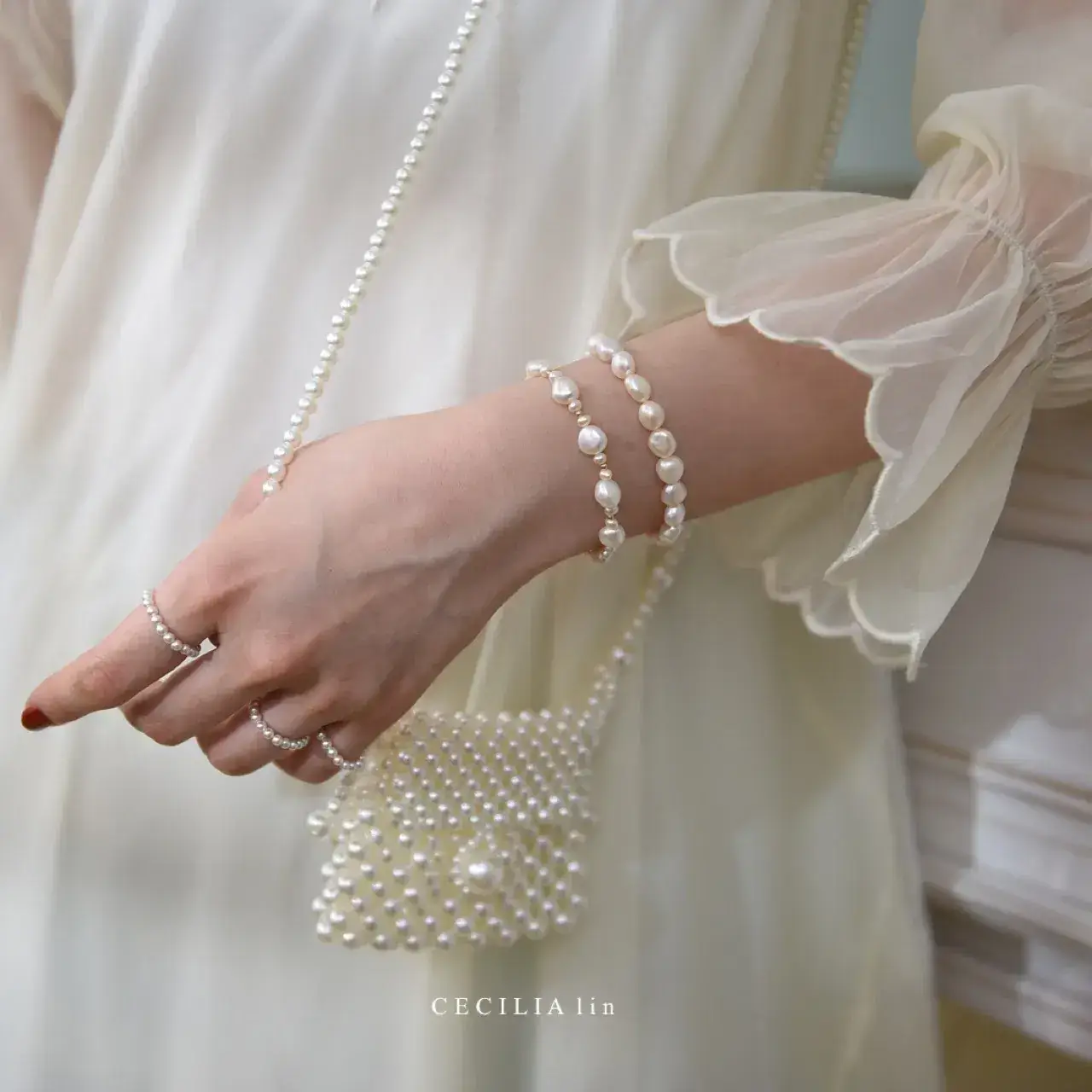 14K Gold Pearl Bracelet with Chain Drop — feature 58