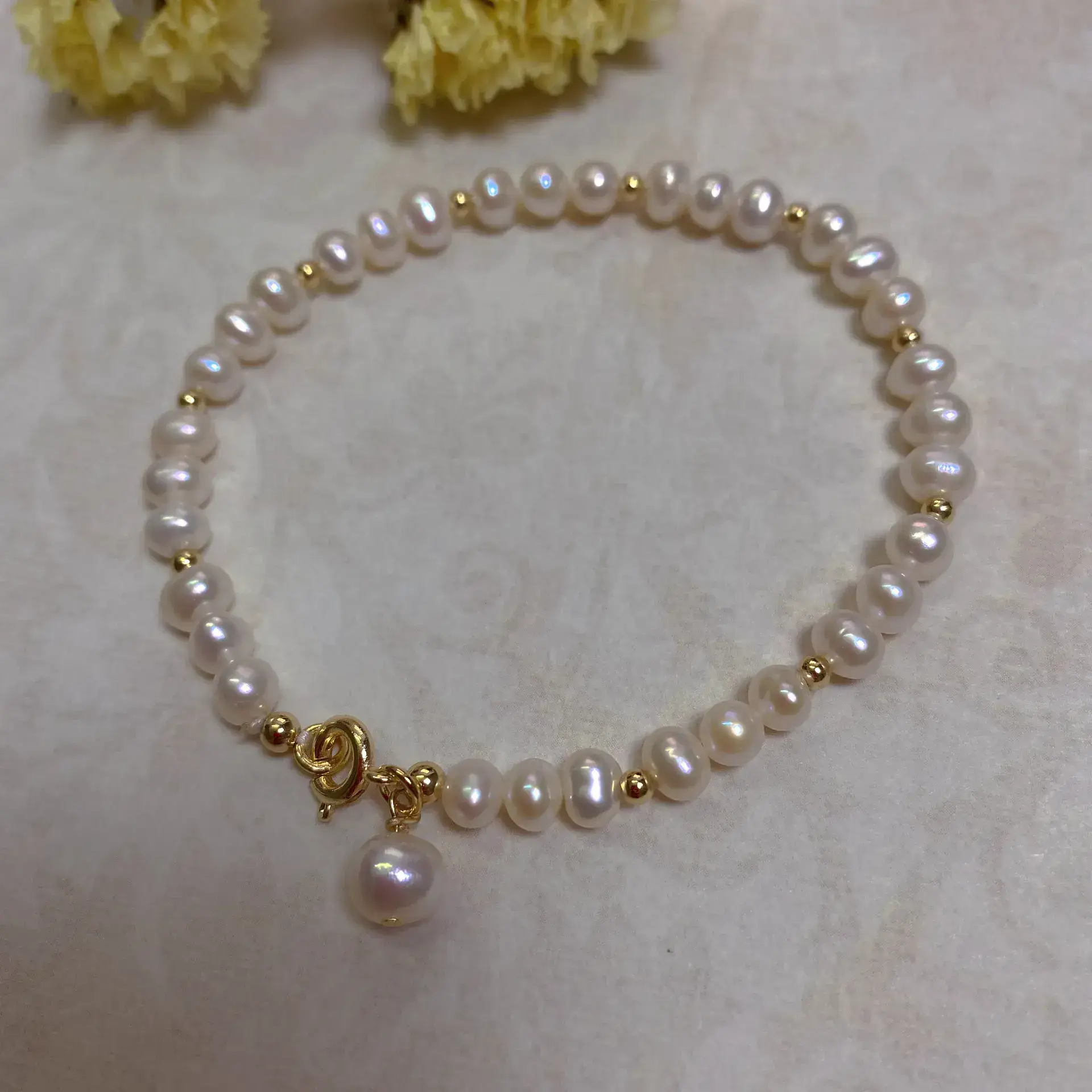 14K Gold Pearl Bracelet with Chain Drop