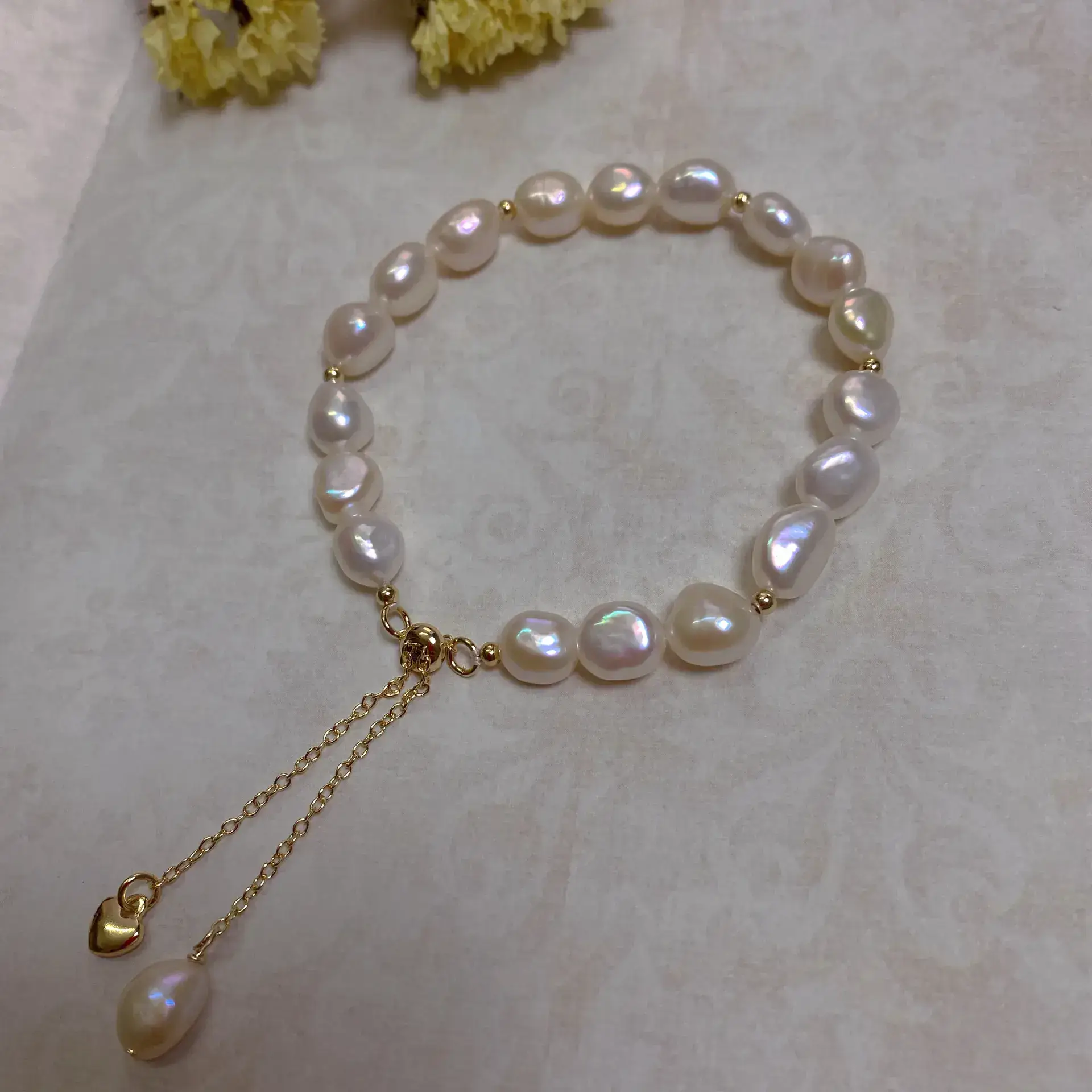 14K Gold Pearl Bracelet with Chain Drop