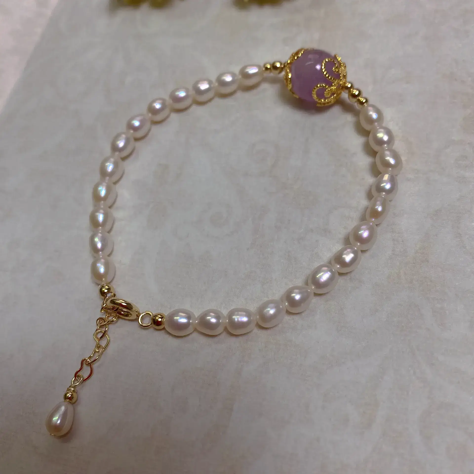 14K Gold Pearl Bracelet with Chain Drop
