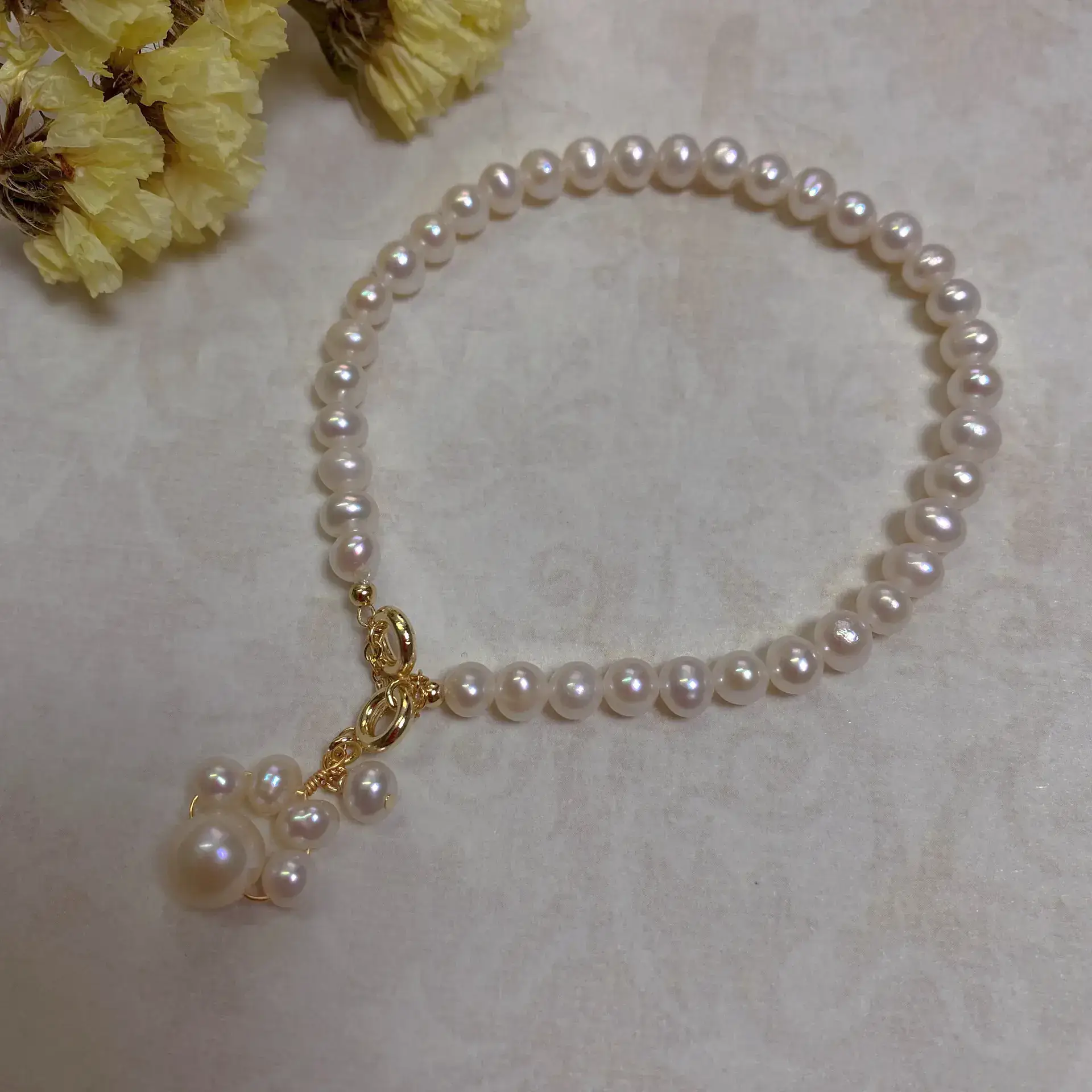 14K Gold Pearl Bracelet with Chain Drop