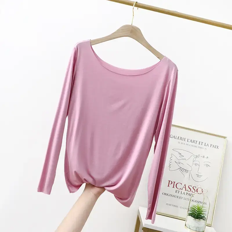 Women's Black Long Sleeve T-Shirt Solid Color Slimming Large - Image 4