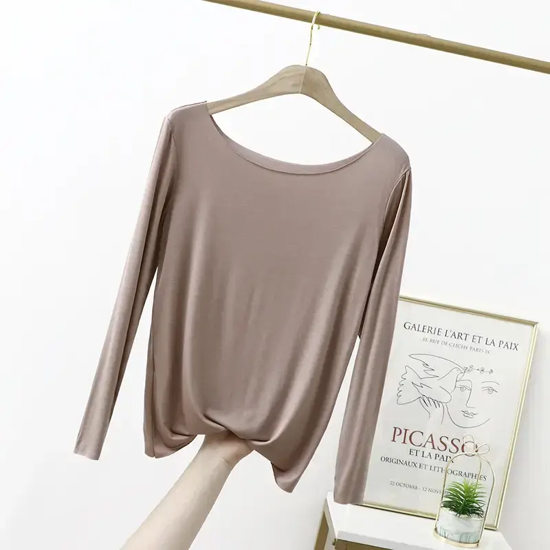 Women's Black Long Sleeve T-Shirt Solid Color Slimming Large - Image 5