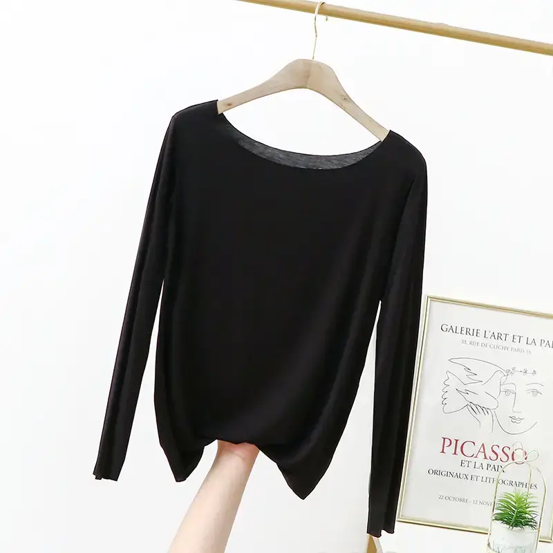Women's Black Long Sleeve T-Shirt Solid Color Slimming Large - Image 6