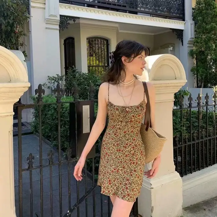 European American Retro Watermark Floral Slip Dress 2021 Summer - Image 3
