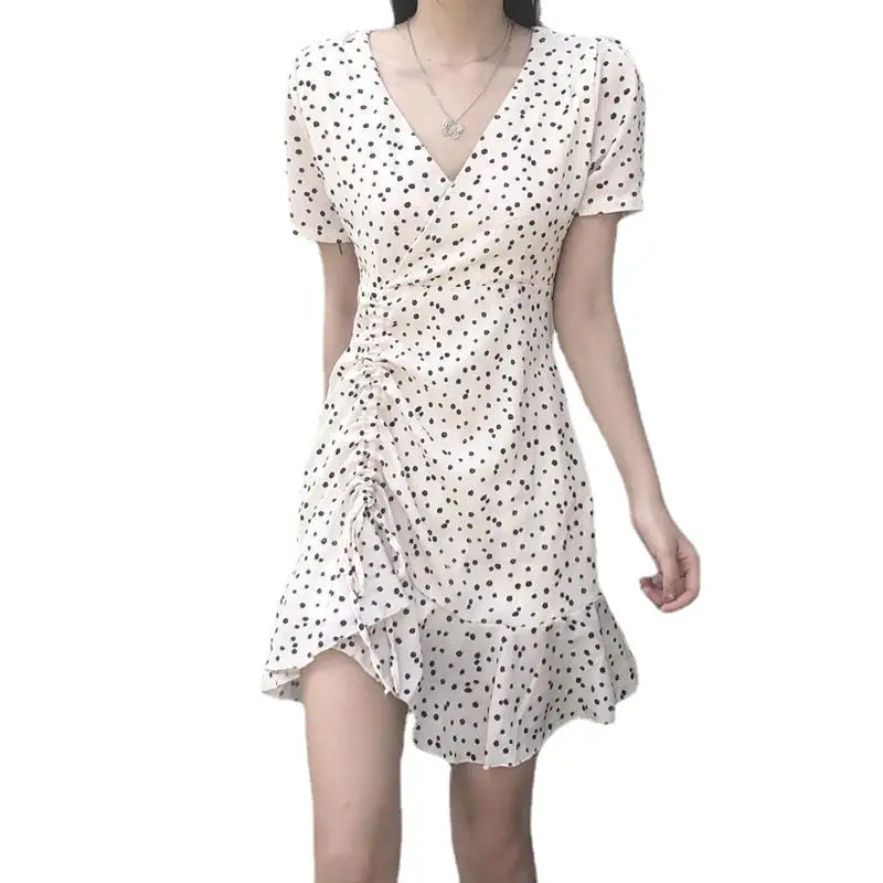 Hepburn Style Floral Dress White V Neck Summer 2024 - Image 6