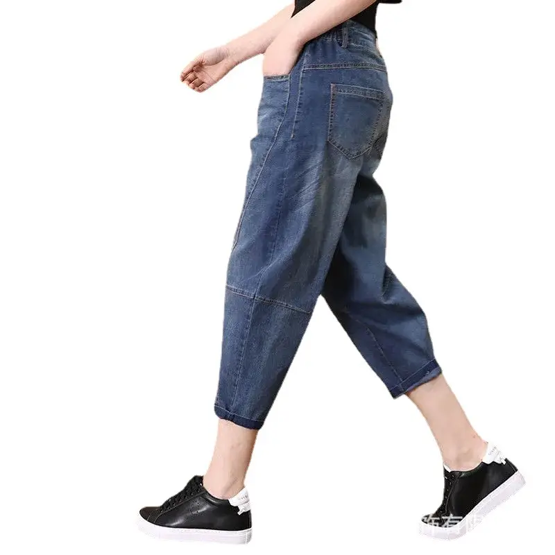Women Cropped Elastic Waist Pants Blue Denim - Image 5