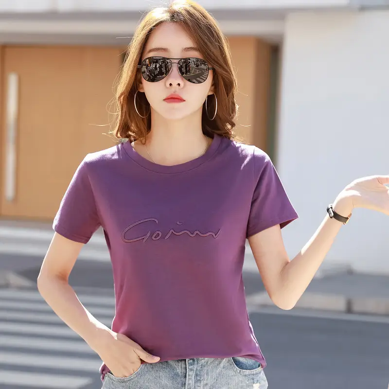 Women Cotton Purple T-Shirt Short Sleeve Embroidered - Image 2